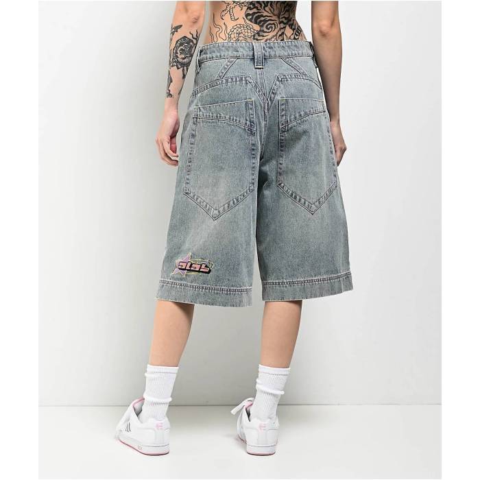 A.lab 【 Analog Star Cable Blue Wash Oversized Denim Shorts Women's Light Pastel Blue 】 青色 ブルー デニム ショーツ レディース 青色 ブルー