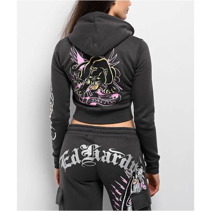 エドハーディー Ed Hardy 【 Panther Charcoal Crop Zip Hoodie Women's Charcoal 】 チャコール Crop クロップ フーディー パーカー レディース チャコール