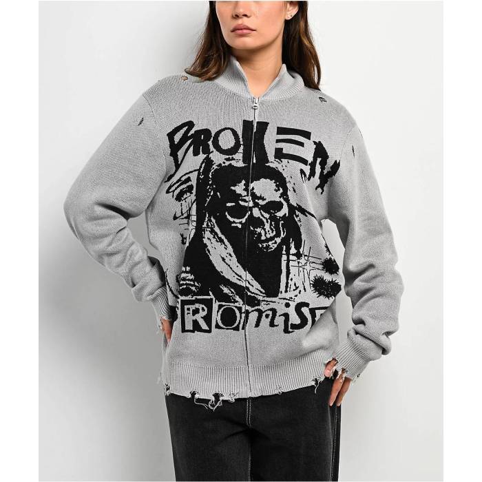 【★百貨店SALE★6/11真夜中2時迄】Broken Promises 【 Creeper Grey Zip Sweater Women\u0027s Grey 】 薄墨色 薄墨色 調教師 レディース 薄墨色 薄墨色