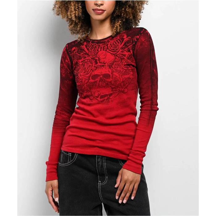 【★百貨店SALE★6/11十二時2時迄】アフリクション Affliction 【 Sands Of Burdan Red Thermal Long Sleeve T-Shirt Women\u0027s Red 】 Red 赤・赤いこと Sleeve 捩り プルオーバー レディース Red 赤・赤いこと
