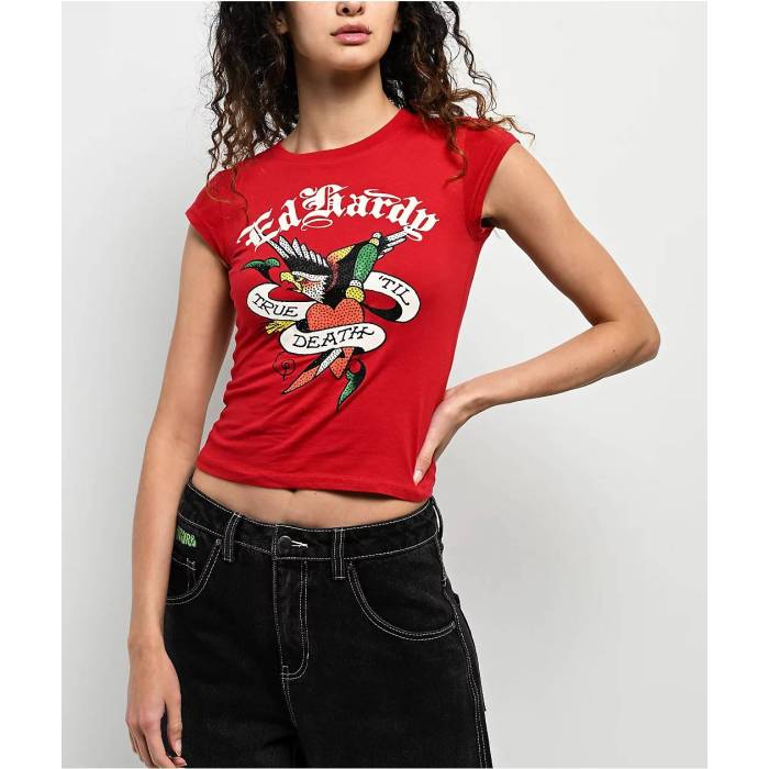 エドハーディー Ed Hardy 【 True Eagle Rhinestone Red Cap Sleeve T-Shirt Women's Red 】 Red 赤・レッド キャップ 帽子 Sleeve スリーブ Tシャツ レディース Red 赤・レッド