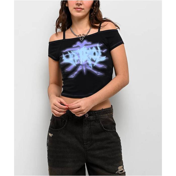 【★百貨店SALE★6/11真夜中2時迄】Vitriol 【 Keeli Skeleton Off Shoulder Black Crop Top Women\u0027s Black 】 黒いこと 黒いこと Crop クロップ レディース 黒いこと 黒いこと