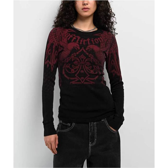 【★百貨店SALE★6/11十二時2時迄】アフリクション Affliction 【 Skyward Crown Black Thermal Long Sleeve T-Shirt Women\u0027s Black 】 黒いこと 黒いこと Sleeve 捩り プルオーバー レディース 黒いこと 黒いこと