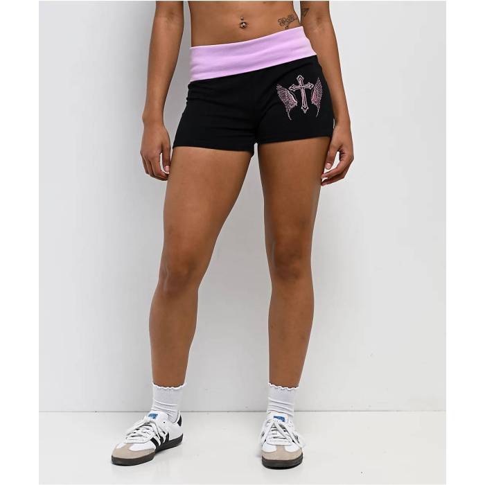 Ninth Hall 【 Jennifer Cross & Wings Black Foldover Shorts Women's Light Pastel Purple 】 黒色 ブラック ショーツ レディース Purple 紫・パープル