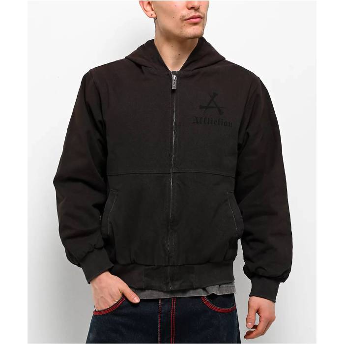 アフリクション Affliction 【 Catharsis Black Hooded Canvas Jacket Men's Dark Grey 】 黒色 ブラック フード付 Jacket ジャケット メンズ 灰色 グレー｜スニケス