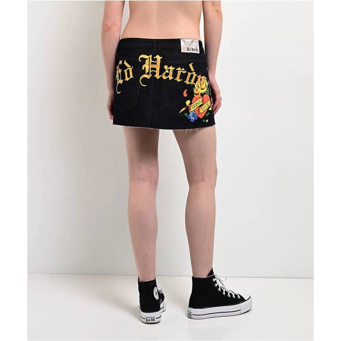 【★百貨店SALE★6/11真夜中2時迄】エドハーディー Ed Hardy 【 Rose Heart Black Denim Cutoff Mini Skirt Women\u0027s Dark Blue 】 Rose サクラ色 黒いこと 黒いこと ジーンズ レディース 青碧 青碧