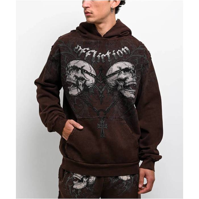 【★百貨店SALE★6/11十二時2時迄】アフリクション Affliction 【 Collapse Rhinestone Brown Wash Hoodie Men\u0027s Brown 】 赤銅色 赤銅色 フーディー パーカー メンズ 赤銅色 赤銅色