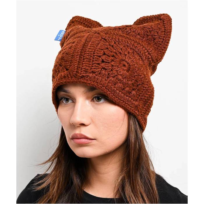 Arkyve 【 Natural Brown Crochet Cat Beanie Men\u0027s Brown 】 自然的 赤銅色 赤銅色 旗がしら かぶり笠 メンズ 赤銅色 赤銅色