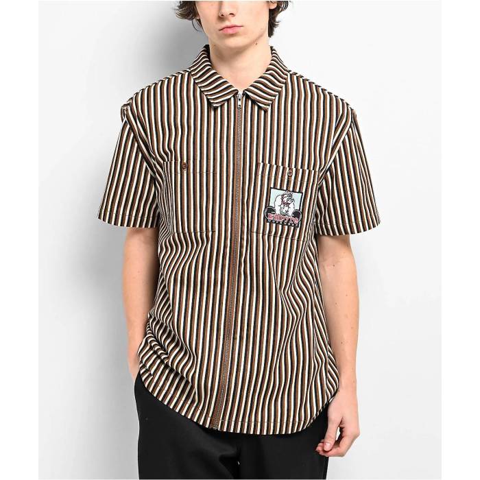 エンパイア Empyre 【 Glen Black White & Brown Stripe Short Sleeve Zip Shirt Men's Black 】 黒色 ブラック 白色 ホワイト 茶色 ブラウン Stripe ストライプ Sleeve スリーブ メンズ 黒色 ブラック