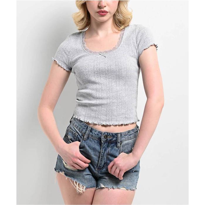 Zine 【 Rosie Pointelle Grey Crop T-Shirt Women\u0027s Light Pastel Grey 】 薄墨色 薄墨色 Crop クロップ プルオーバー レディース 薄墨色 薄墨色