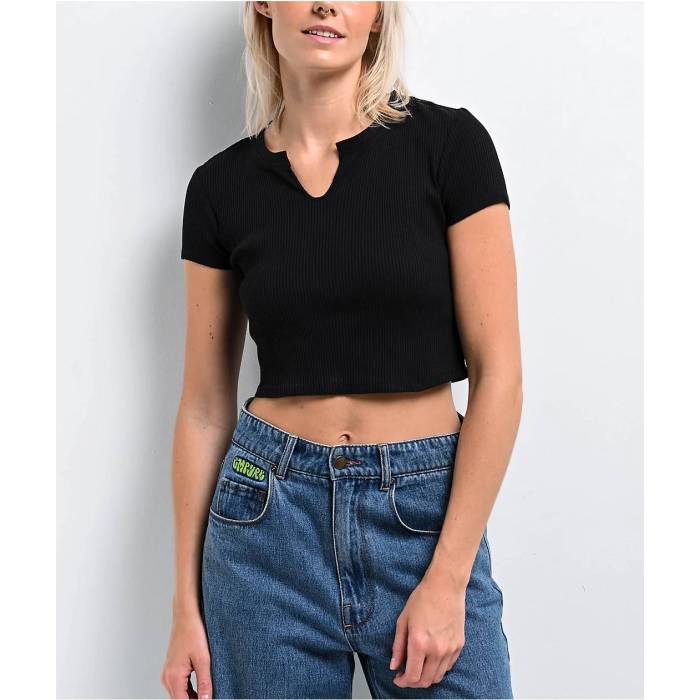 Zine 【 Noreen Black Notched Crop T-Shirt Women\u0027s Black 】 黒いこと 黒いこと Crop クロップ プルオーバー レディース 黒いこと 黒いこと