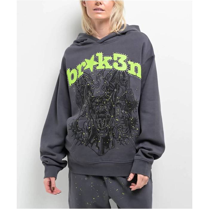 Broken Promises 【 Beware Grey Rhinestone Hoodie Women's Dark Grey 】 灰色 グレー フーディー パーカー レディース 灰色 グレー