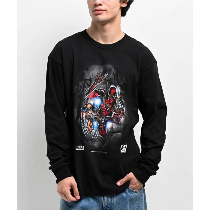 ハフ Huf 【 X Deadpool Wolverine Black Long Sleeve T-Shirt Men\u0027s Black 】 黒いこと 黒いこと Sleeve 捩り プルオーバー メンズ 黒いこと 黒いこと