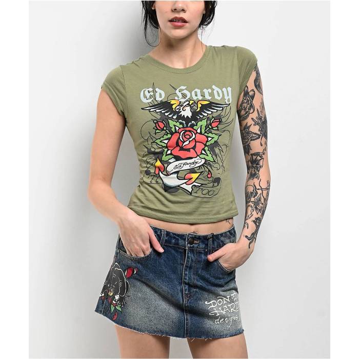 エドハーディー Ed Hardy 【 Anchor Rose Olive T-Shirt Women\u0027s Green 】 Rose サクラ色 olive オリーブ プルオーバー レディース green 緑・緑であること