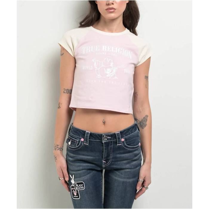 トゥルーレリジョン True Religion 【 Buddha Logo Ringer Raglan Pink Crop T-Shirt Women Pink 】 ロゴ Raglan ラグラン pink ピンク Crop クロップ Tシャツ レディース pink ピンク