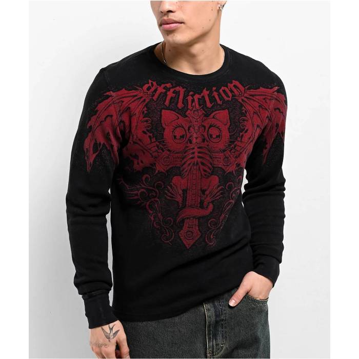 【★百貨店SALE★6/11真夜中2時迄】アフリクション Affliction 【 X Rogue Bat Thermal Long Sleeve T-Shirt Men\u0027s Red 】 野球バット Sleeve 衣袂 ティーシャツ メンズ Red 赤・赤いこと