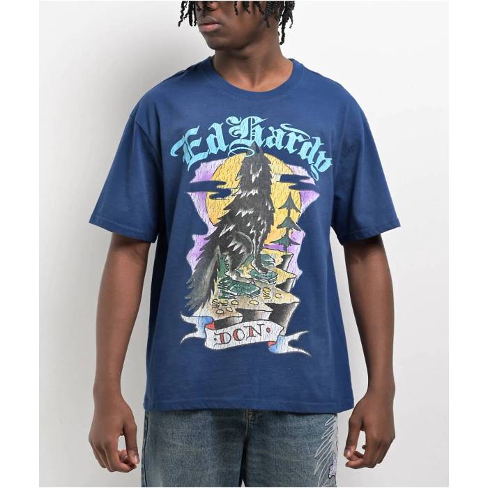 エドハーディー Ed Hardy 【 Wolf Sunfade Navy T-Shirt Men's Navy 】 紺色 ネイビー Tシャツ メンズ 紺色 ネイビー