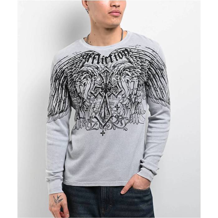 アフリクション Affliction 【 Dark Attack Silver Lava Wash Thermal Long Sleeve T-Shirt Men's Silver 】 Silver 銀色・シルバー Sleeve スリーブ Tシャツ メンズ Silver 銀色・シルバー 20,572円