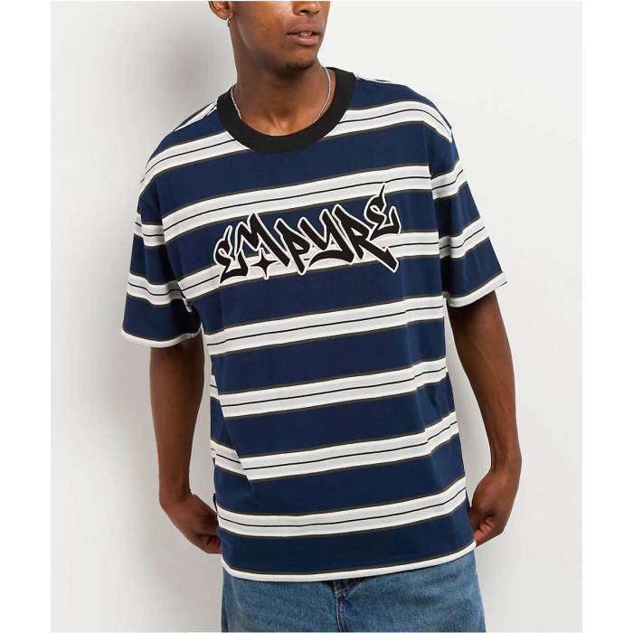 エンパイア Empyre 【 Razor Stripe Navy Knit T-Shirt Men's Navy 】 Stripe ストライプ 紺色 ネイビー ニット Tシャツ メンズ 紺色 ネイビー｜スニケス