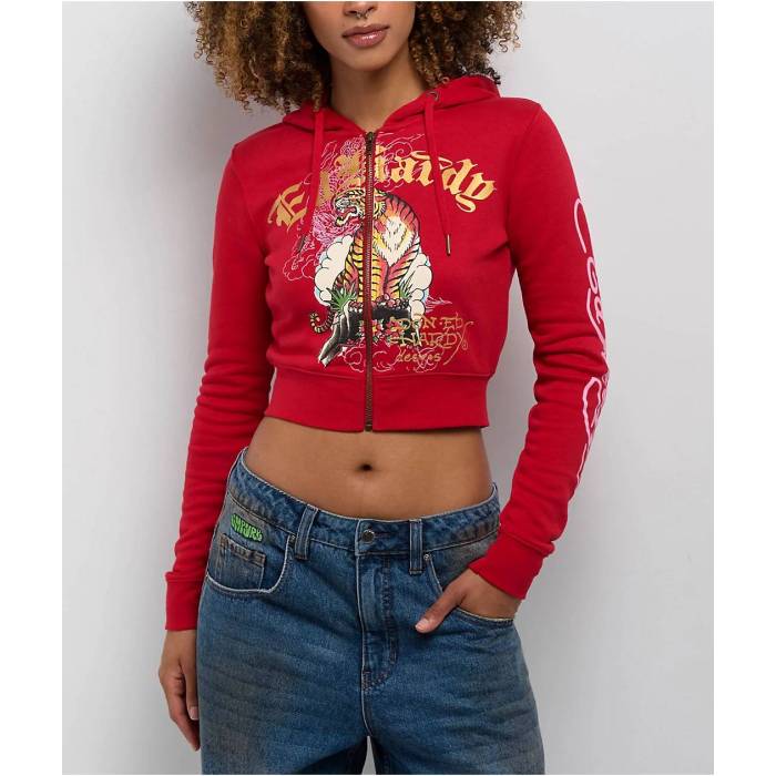 エドハーディー Ed Hardy 【 Tiger Cloud Red Crop Zip Hoodie Women's Red 】 Red 赤・レッド Crop クロップ フーディー パーカー レディース Red 赤・レッド|スニケス
