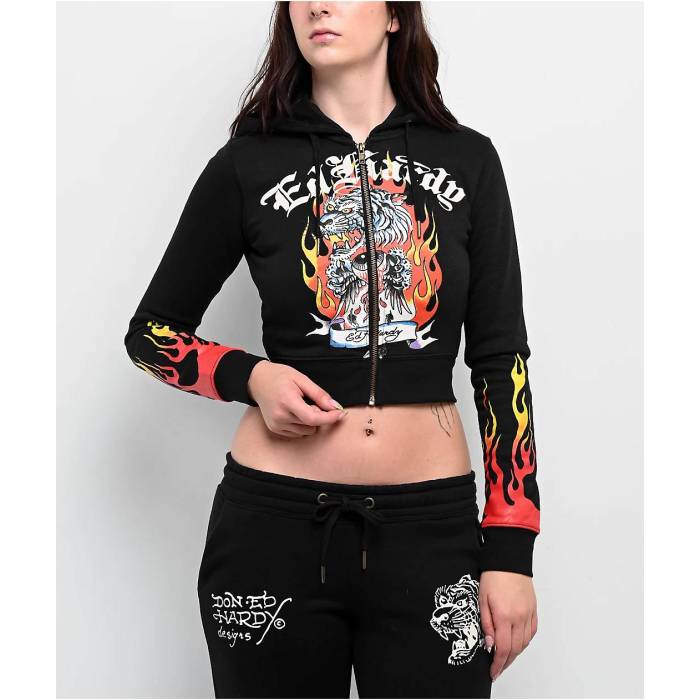 エドハーディー Ed Hardy 【 Tiger Flame Black Crop Zip Hoodie Women's Black 】 黒色 ブラック Crop クロップ フーディー パーカー レディース 黒色 ブラック|スニケス