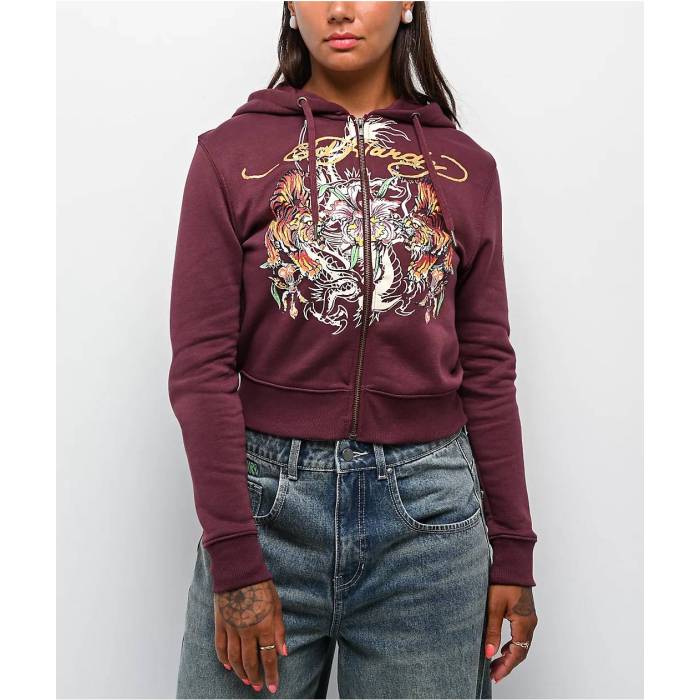 エドハーディー Ed Hardy 【 Tigers Fig Burgundy Boxy Crop Zip Hoodie Women's Dark Purple 】 タイガース ワイン色・バーガンディー Crop クロップ フーディー パーカー レディース Purple 紫・パープル