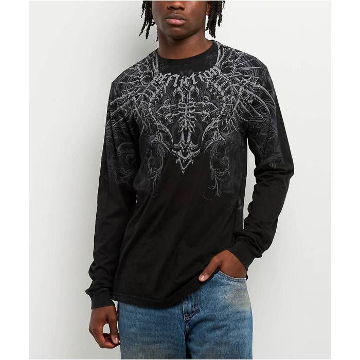 アフリクション Affliction 【 Cross And Bones Black Long Sleeve T-Shirt Men's Black 】 黒色 ブラック Sleeve スリーブ Tシャツ メンズ 黒色 ブラック