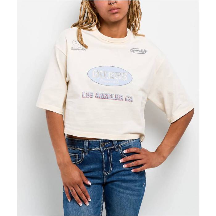 ゲス Guess 【 Raw Edge Natural Boxy Crop T-Shirt Women Beige 】 ナチュラル Crop クロップ Tシャツ レディース ベージュ