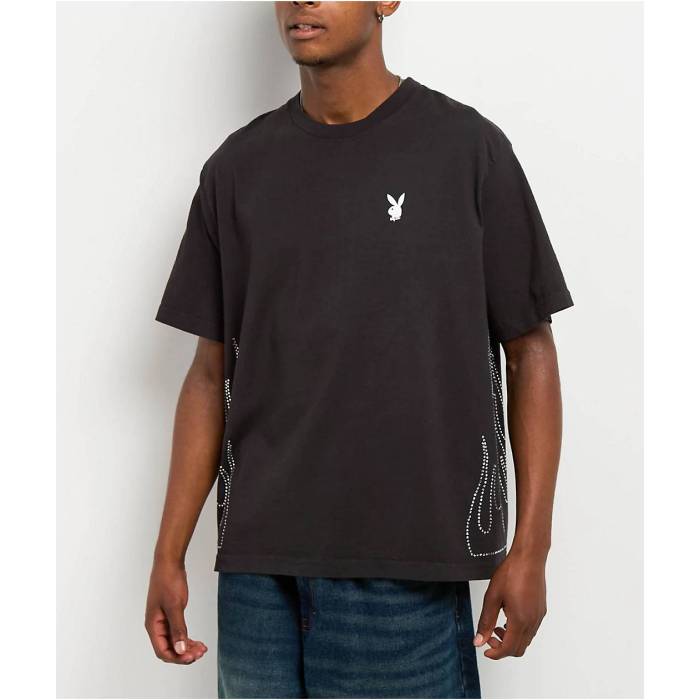 【★百貨店SALE★6/11真夜中2時迄】Color Bars 【 X Playboy Rhinestone Flames Black T-Shirt Men\u0027s Charcoal 】 フレームス 黒いこと 黒いこと ティーシャツ メンズ 暗灰色
