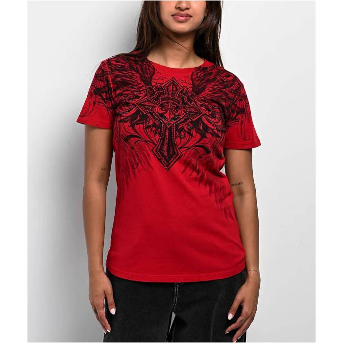 【★百貨店SALE★6/11十二時2時迄】アフリクション Affliction 【 Ayala Rhinestone Red T-Shirt Women\u0027s Red 】 Red 赤・赤いこと プルオーバー レディース Red 赤・赤いこと