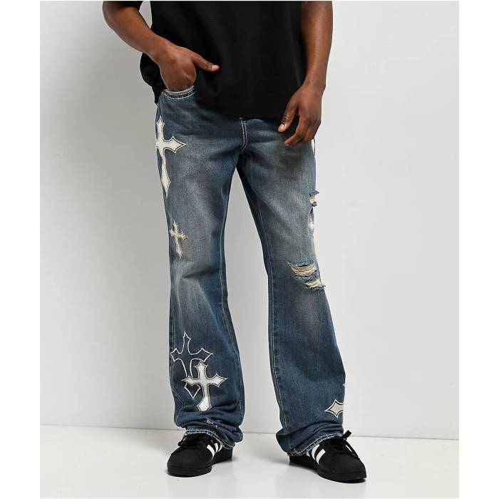 Ninth Hall 【 Defender Applique Crosses Reverent Blue Flare Jeans Men's Light Pastel Blue 】 ディフェンダー 青色 ブルー ジーンズ メンズ 青色 ブルー