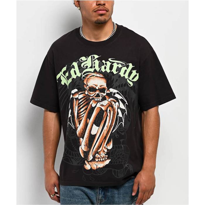 エドハーディー Ed Hardy 【 Skeleton Black Wash Boxy T-Shirt Men's Black 】 黒色 ブラック Tシャツ メンズ 黒色 ブラック|スニケス