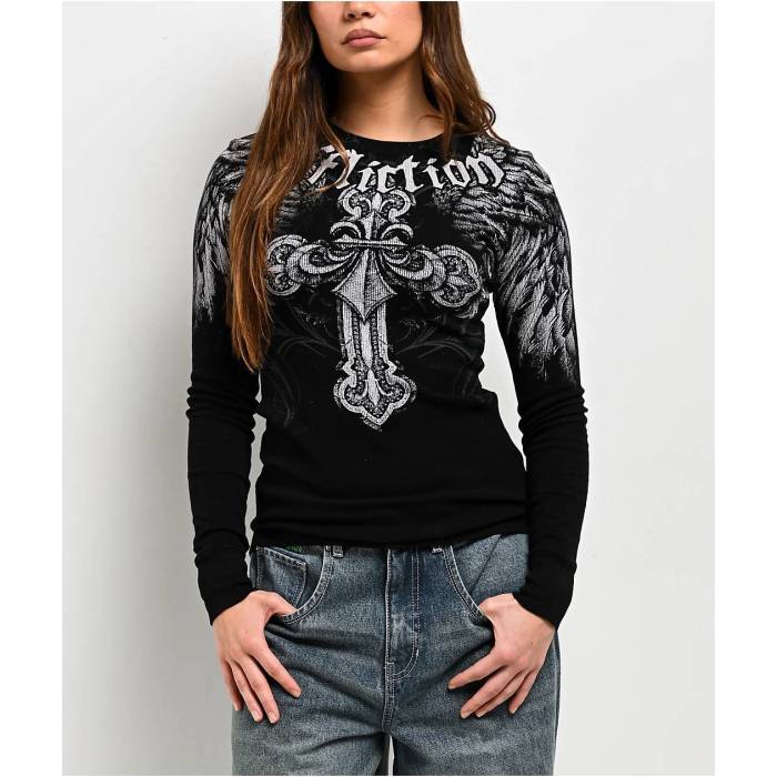 【★百貨店SALE★6/11十二時2時迄】アフリクション Affliction 【 Angelo Black Thermal Long Sleeve T-Shirt Women\u0027s Black 】 黒いこと 黒いこと Sleeve 捩り プルオーバー レディース 黒いこと 黒いこと