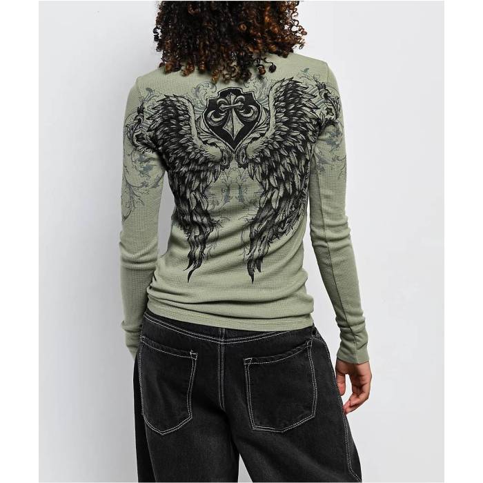 アフリクション Affliction 【 Green Wash Thermal Long Sleeve T-Shirt Women's Dark Green 】 green 緑・グリーン Sleeve スリーブ Tシャツ レディース green 緑・グリーン