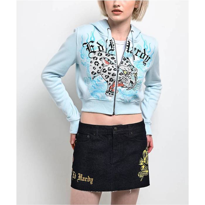 エドハーディー Ed Hardy 【 Snow Leopard Rhinestone Baby Blue Crop Zip Hoodie Women's Light Pastel Blue 】 ヒョウ柄 レオパード 青色 ブルー Crop クロップ フーディー パーカー レディース 青色 ブルー