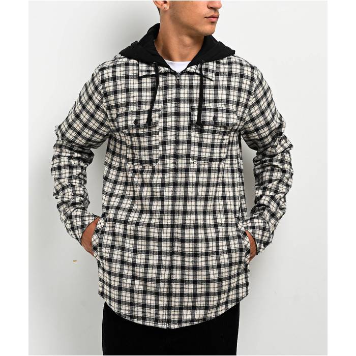 帝国 Empyre 【 Chancer Black \u0026 Cream Plaid Hooded Zip Flannel Shirt Men\u0027s Black 】 黒いこと 黒いこと 皮膚軟化剤 ボンネット付 メンズ 黒いこと 黒いこと トップス-メンズファッション