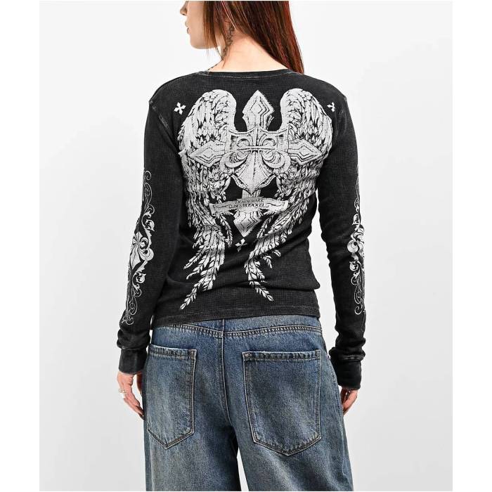 アフリクション Affliction 【 Simulation Black Thermal Long Sleeve T-Shirt Women's Black 】 黒色 ブラック Sleeve スリーブ Tシャツ レディース 黒色 ブラック|スニケス