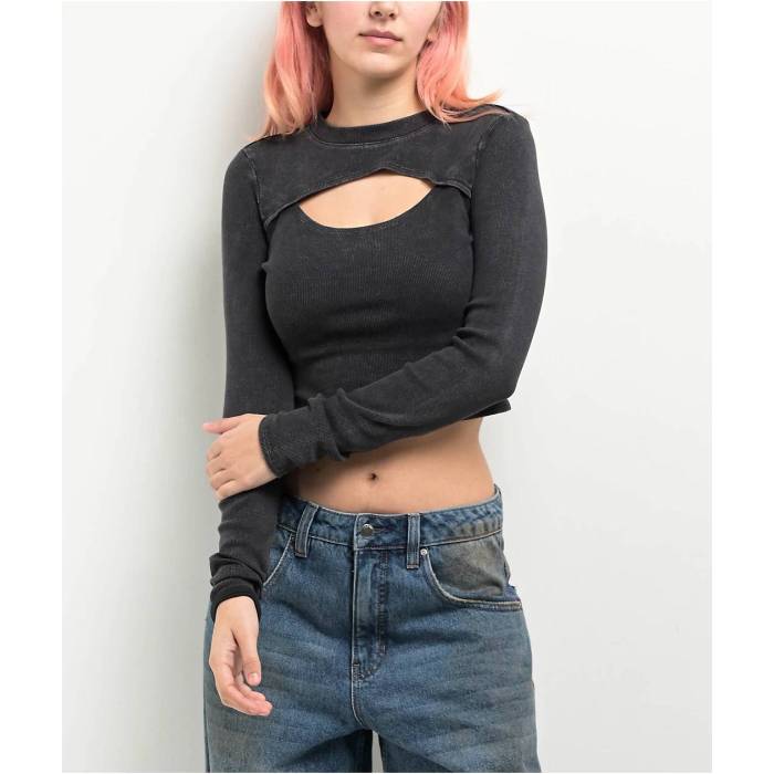 Ninth Hall Fundamentals 【 Krystie Caviar Wash Cutout Long Sleeve Crop T-Shirt Women\u0027s Black 】 Sleeve 捩り Crop クロップ プルオーバー レディース 黒いこと 黒いこと