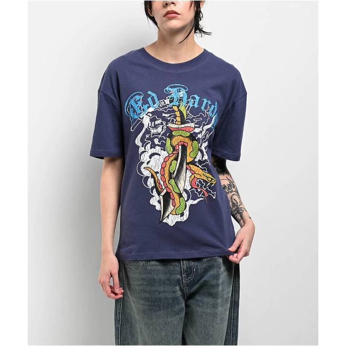【★百貨店SALE★6/11真夜中2時迄】エドハーディー Ed Hardy 【 Dagger Snake Navy Boxy T-Shirt Women\u0027s Dark Blue 】 紺色 米国海軍 ティーシャツ レディース 青碧 青碧