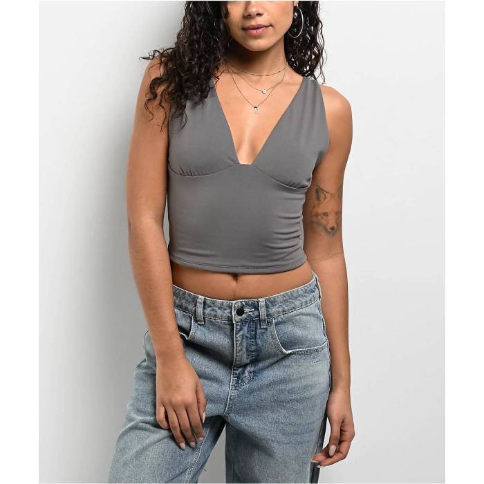 Freeworld 【 Pheobe Grey V-Neck Crop Tank Top Women's Grey 】 灰色 グレー Vネック Crop クロップ タンクトップ レディース 灰色 グレー