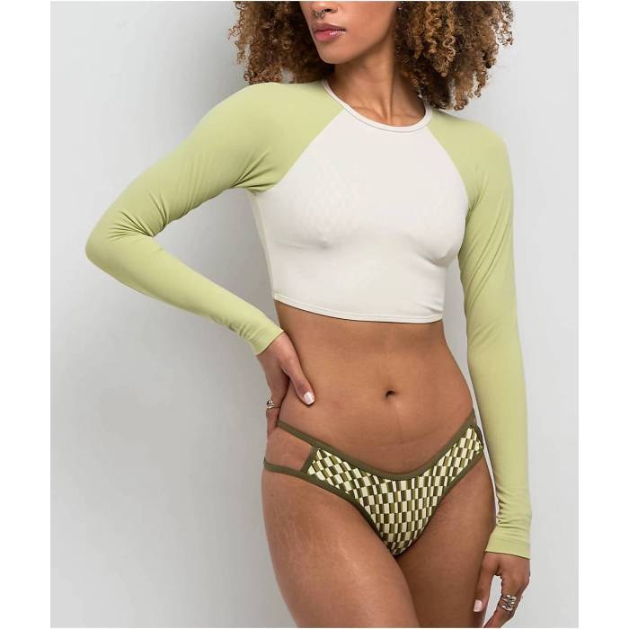 【★百貨店SALE★6/11真夜中2時迄】クイックしろがね色 Quiksilver 【 Pipeline Green \u0026 White Long Sleeve Crop Swim Top Women\u0027s Green 】 green 緑・緑であること 白いこと 白いこと Sleeve 衣袂 Crop クロップ レディース green 緑・緑であること