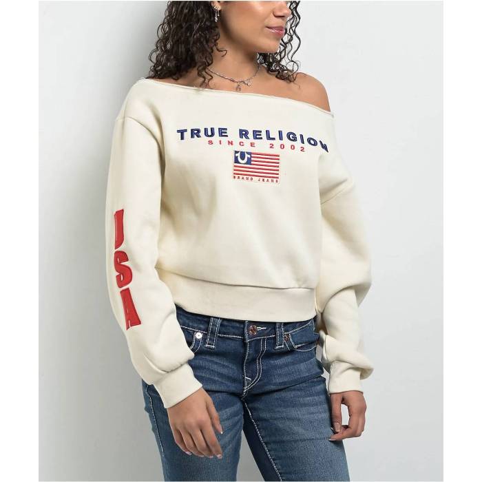 トゥルーレリジョン True Religion 【 Off Shoulder Winter White Crewneck Sweatshirt Women's White 】 ウィンター 白色 ホワイト スウェット トレーナー レディース 白色 ホワイト｜スニケス