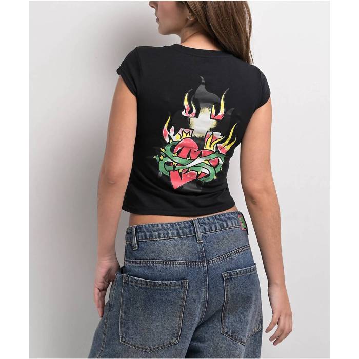 エドハーディー Ed Hardy 【 Cross Heart Cap Sleeve Black T-Shirt Women\u0027s Black 】 旗がしら かぶり笠 Sleeve 捩り 黒いこと 黒いこと プルオーバー レディース 黒いこと 黒いこと