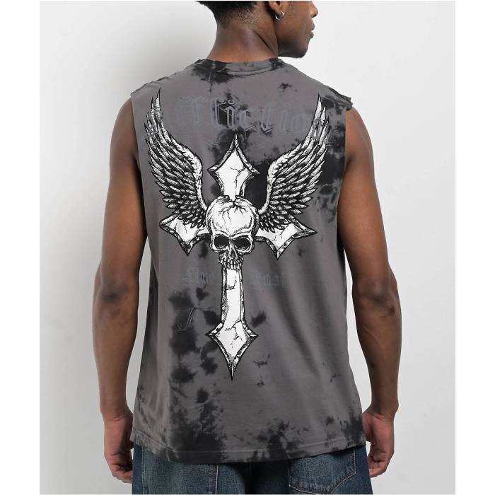 アフリクション Affliction 【 Afflicition Crossed Over Cutoff Black Tie Dye Tank Top Men\u0027s Charcoal 】 黒いこと 黒いこと タイ 貯蔵タンクいの一番 メンズ 濃灰色