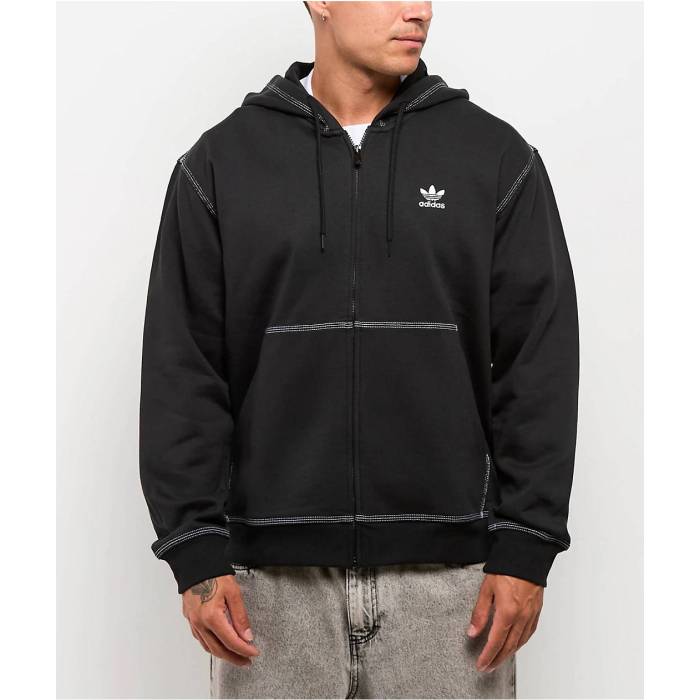 アディダス Adidas 【 Originals Trefoil Essentials Black Zip Hoodie Men's Black 】 オリジナルス トレフォイル 黒色 ブラック フーディー パーカー メンズ 黒色 ブラック|スニケス