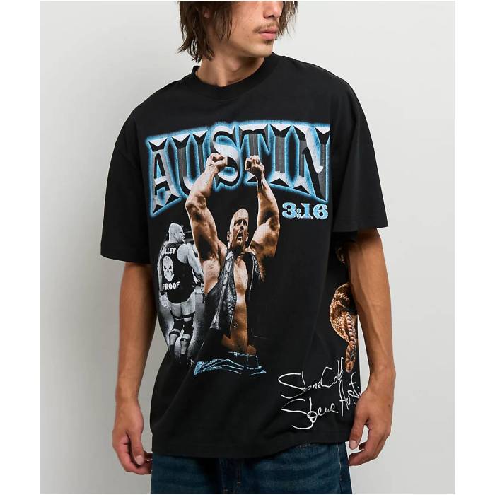 【★百貨店SALE★6/11十二時2時迄】Wwe 【 Stone Cold Wrap Black T-Shirt Men\u0027s Black 】 wrap さあ美 黒いこと 黒いこと プルオーバー メンズ 黒いこと 黒いこと