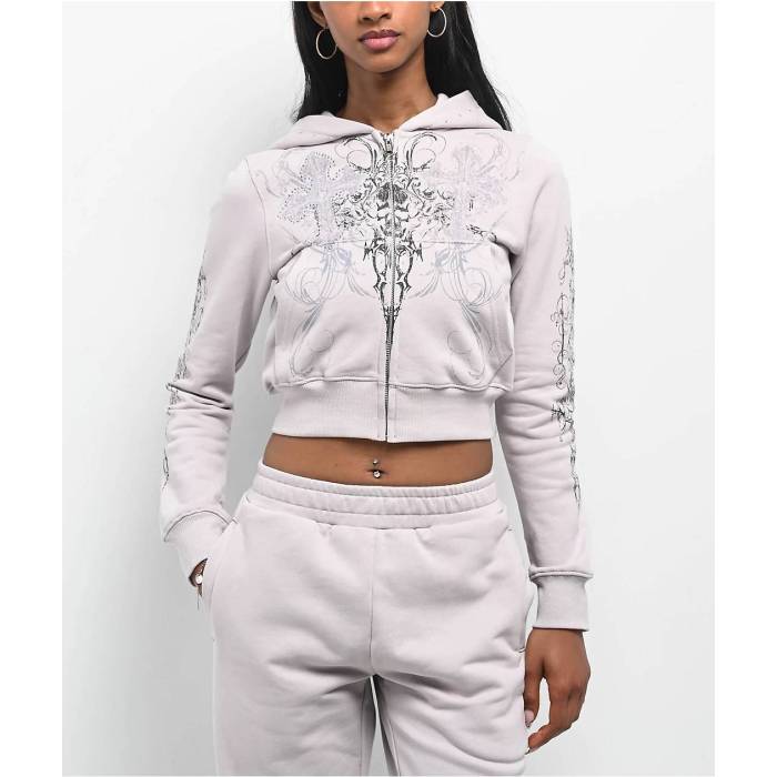 Insomnia Visuals 【 Double Cross Rhinestone Grey Crop Zip Hoodie Women's Grey 】 灰色 グレー Crop クロップ フーディー パーカー レディース 灰色 グレー