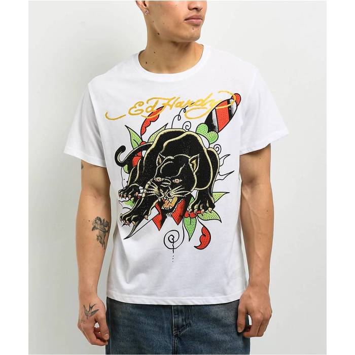 エドハーディー Ed Hardy 【 Crouching Panther Rhinestone White T-Shirt Men's White 】 白色 ホワイト Tシャツ メンズ 白色 ホワイト