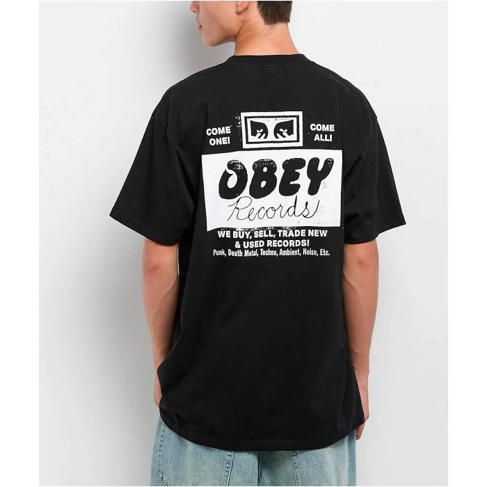オベイ Obey 【 Records Buy Sell Trade Black T-Shirt Men\u0027s Black 】 黒いこと 黒いこと プルオーバー メンズ 黒いこと 黒いこと