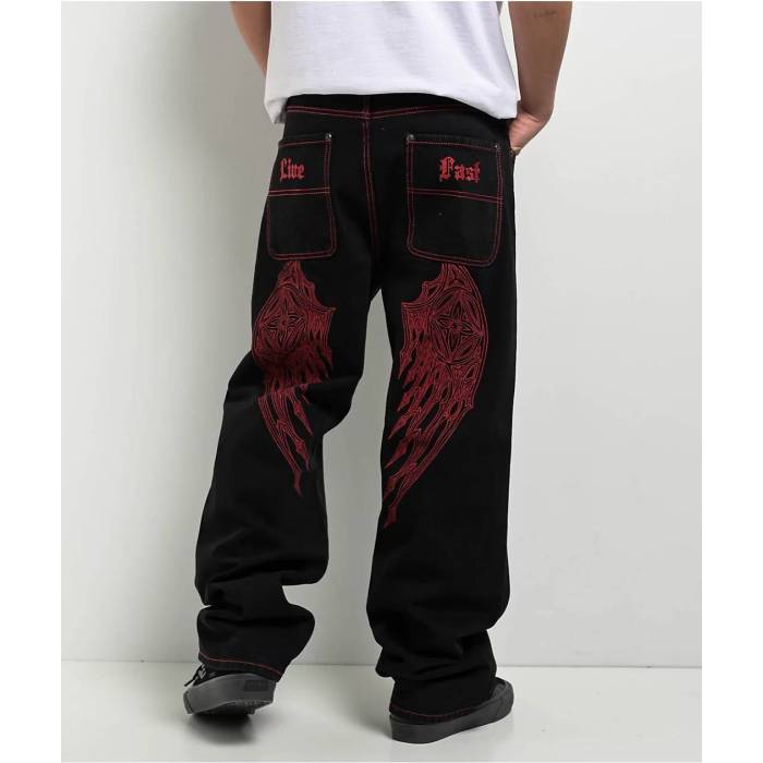【★百貨店SALE★6/11十二時2時迄】アフリクション Affliction 【 Wings Wide Leg Black Jeans Men\u0027s Black/Red 】 黒いこと 黒いこと デニム メンズ 黒いこと 黒いこと Red 赤・赤いこと